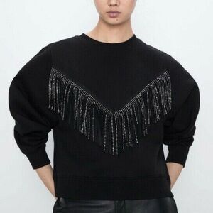 Zara Black Fringe Embellished Sweatshirt Crew Neck Western Boho Size L